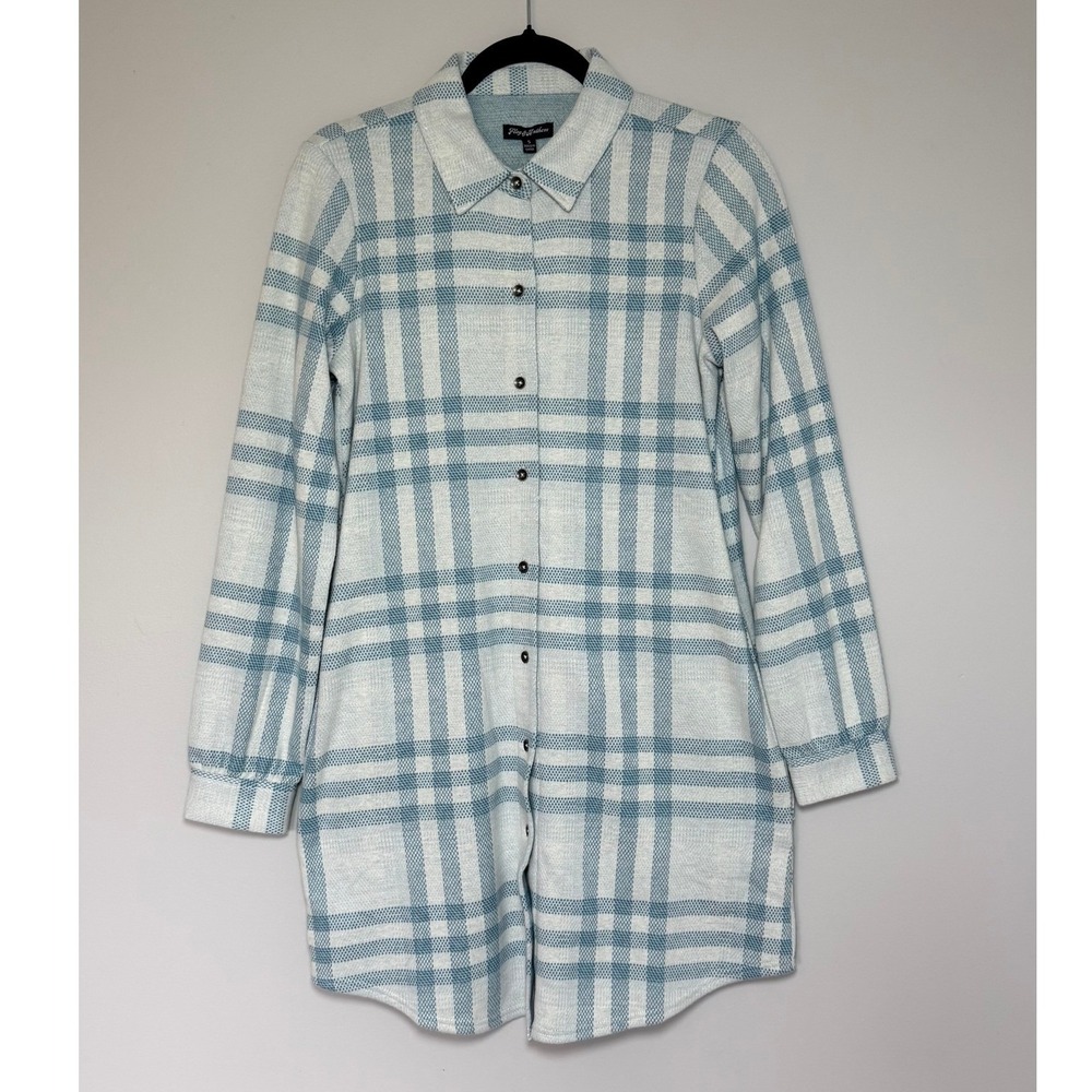 Flag & Anthem Womens Blue Plaid Knit Shirt Dress FA25KD9082W Small NWT